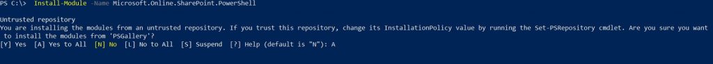 PowerShell Command showing Install Cmdlets for SharePoint Online