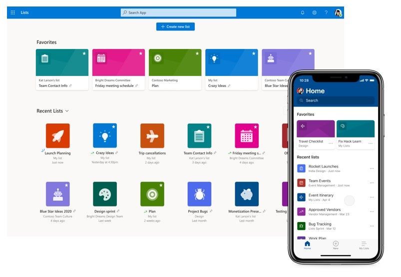Left-to-right: Microsoft Lists home page in Microsoft 365 and the mobile app - both access to all your lists in one place.